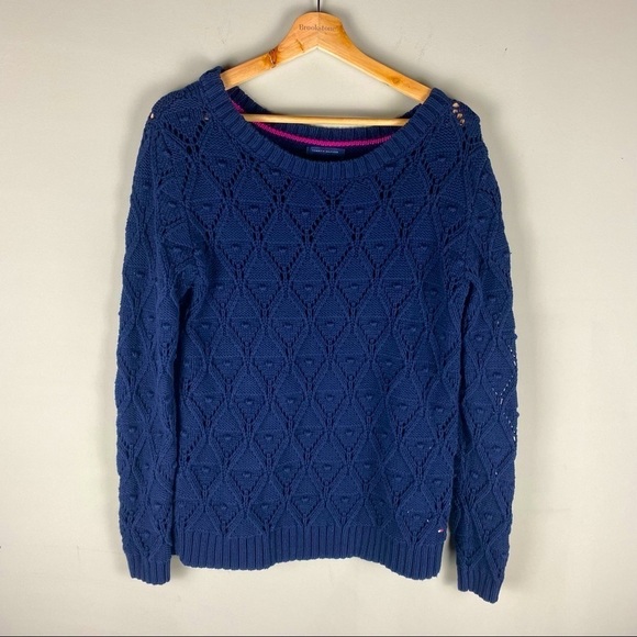 Tommy Hilfiger Diamond Knit Crochet Dot Pullover Sweater Navy Blue Medium - Picture 1 of 6